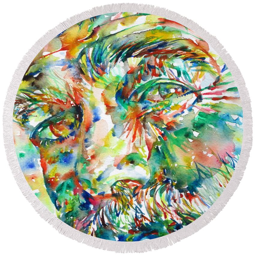 Ernest Round Beach Towel featuring the painting ERNEST HEMINGWAY watercolor portrait.1 by Fabrizio Cassetta
