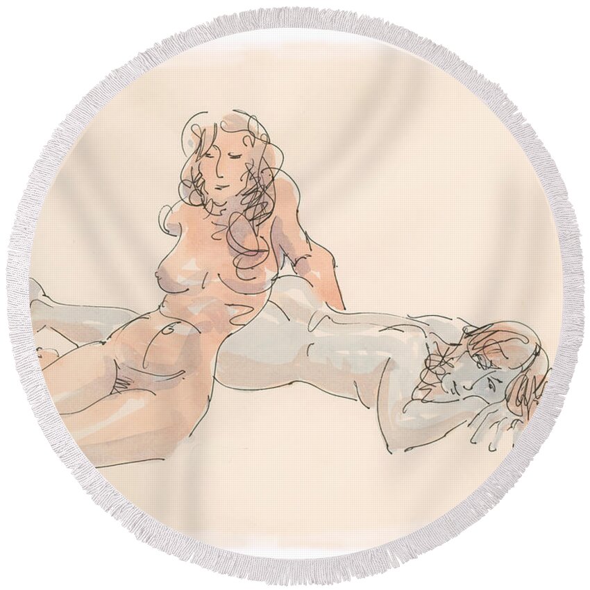 Erotic Round Beach Towel featuring the drawing Erotic Drawings 18 by Gordon Punt