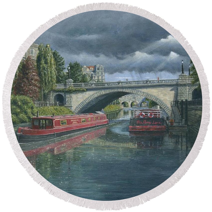 Landscape Round Beach Towel featuring the painting Escaping the Storm North Parade Bridge Bath by Richard Harpum
