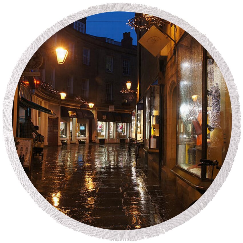 Night Street Of Cambridge Round Beach Towel featuring the photograph Evening after the rain by Elena Perelman