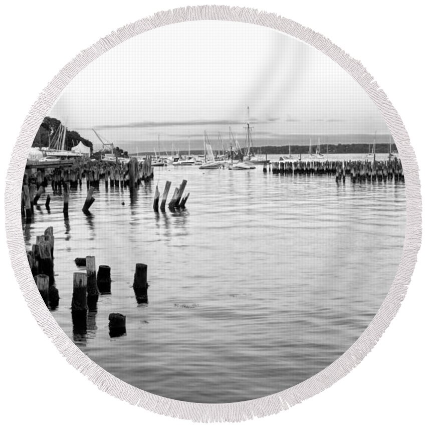 Portland Round Beach Towel featuring the photograph Evening in Portland in Black and White by Jenny Hudson