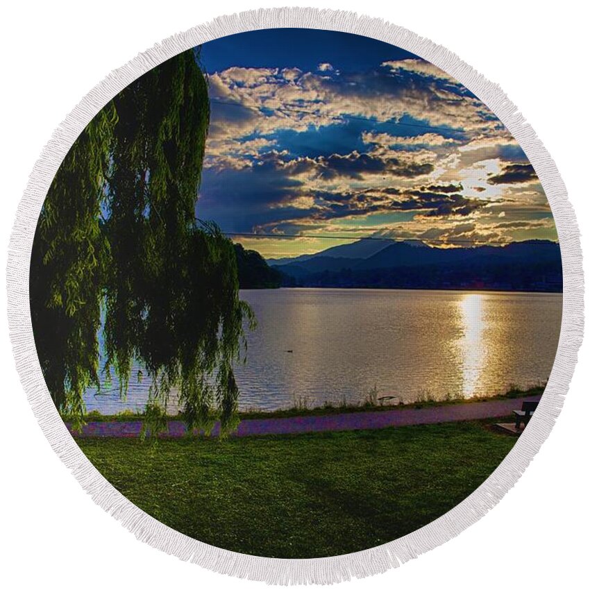 Mountain Lakes Round Beach Towel featuring the photograph Evening sun kisses lake one last time by Dennis Baswell