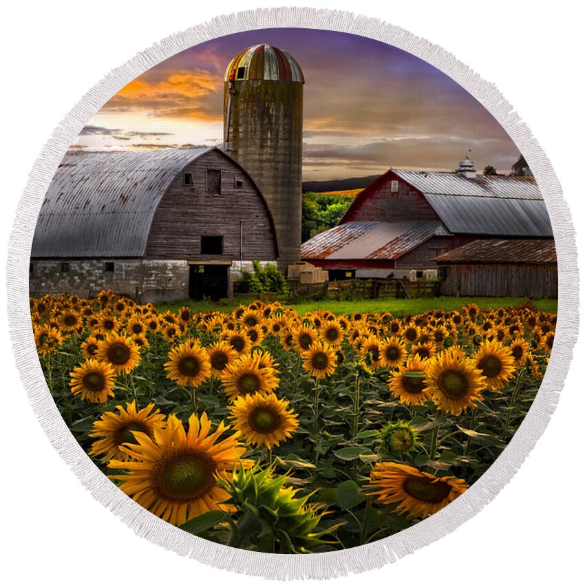 Barn Round Beach Towel featuring the photograph Evening Sunflowers by Debra and Dave Vanderlaan