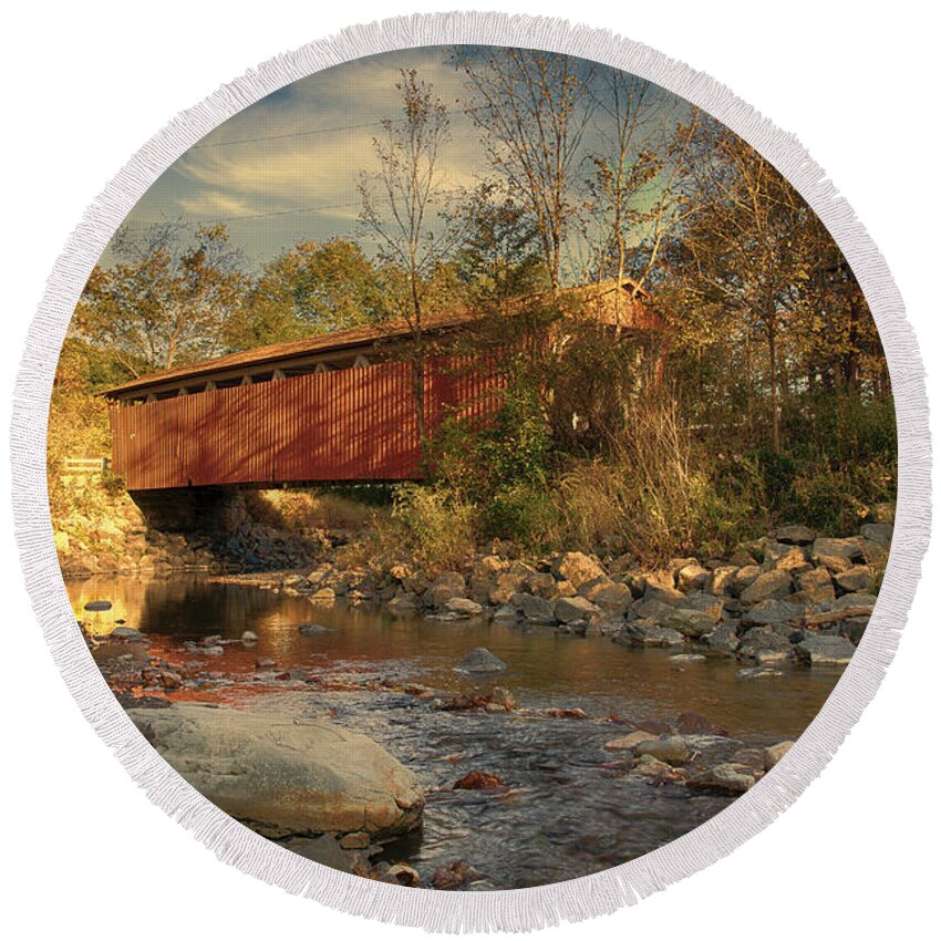 Cvnp Round Beach Towel featuring the photograph Everett Rd Summit County Ohio Covered Bridge Fall by Jack R Perry