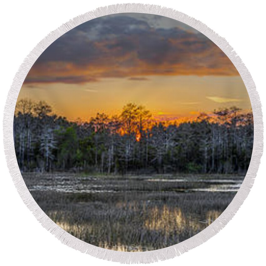 Cloud Round Beach Towel featuring the photograph Everglades Panorama by Debra and Dave Vanderlaan