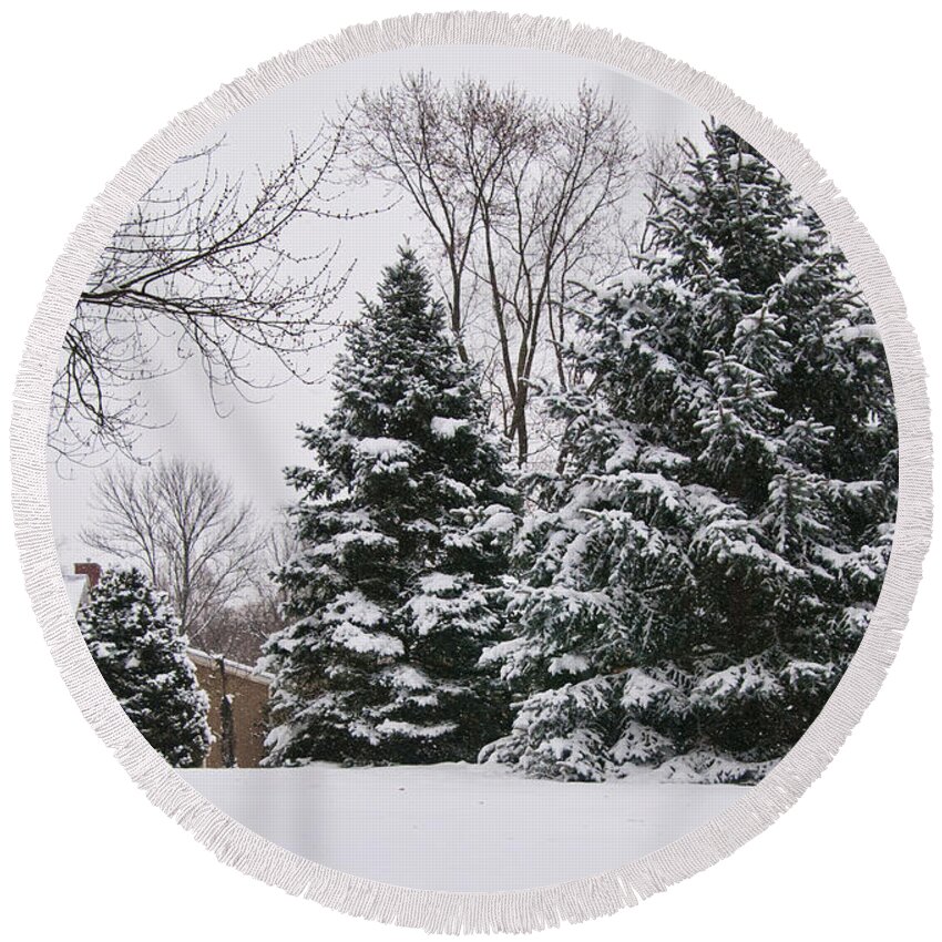 Evergreens In The Snow Round Beach Towel featuring the photograph Evergreens in the Snow by Phyllis Taylor