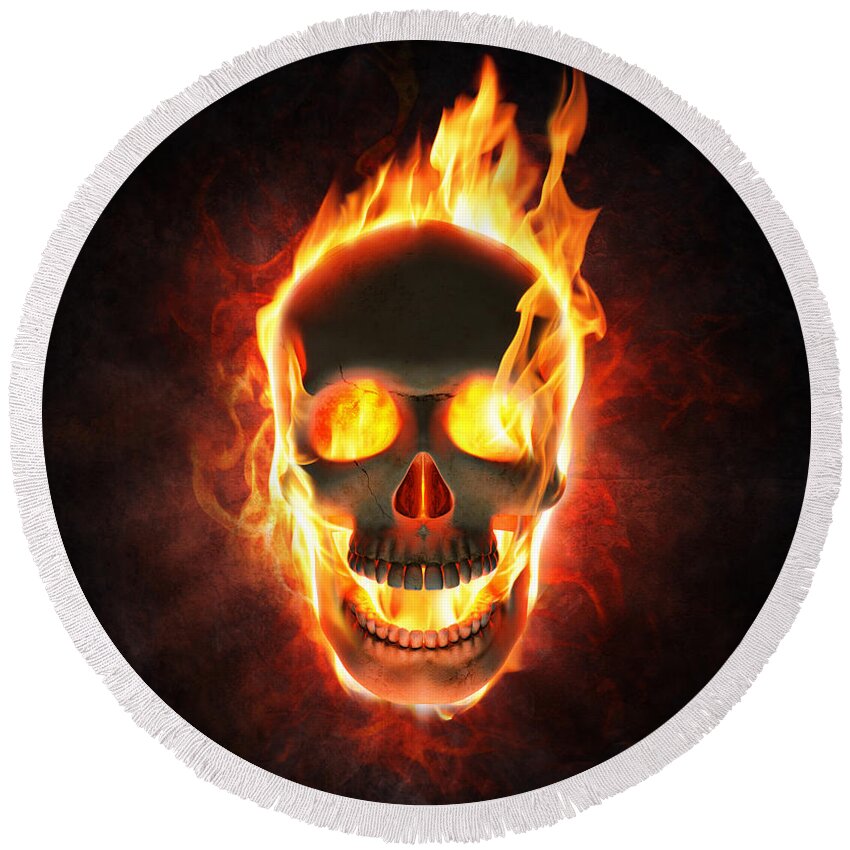 Skull Round Beach Towel featuring the photograph Evil skull in flames and smoke by Johan Swanepoel