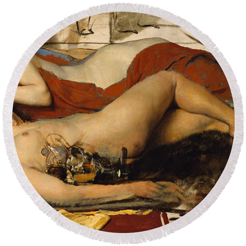 Nude Round Beach Towel featuring the painting Exhausted Maenides by Lawrence Alma Tadema