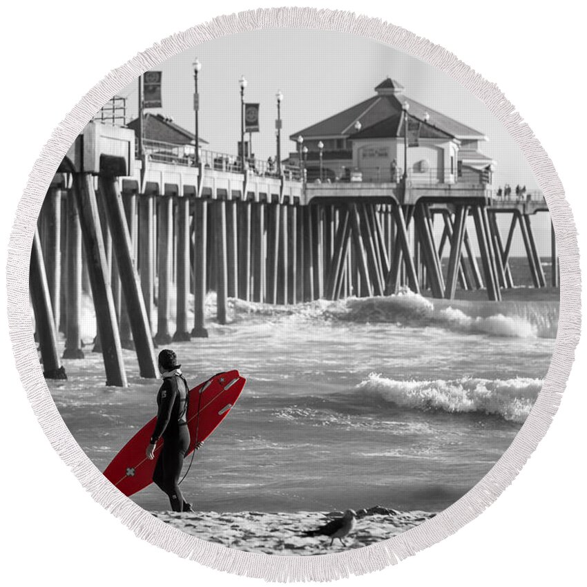 Huntington Beach Round Beach Towel featuring the photograph Existential Surfing At Huntington Beach Selective Color by Scott Campbell