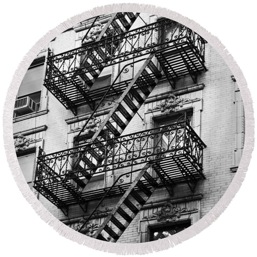 New York Round Beach Towel featuring the photograph Exit, fire escape stairs in New York by Delphimages Photo Creations