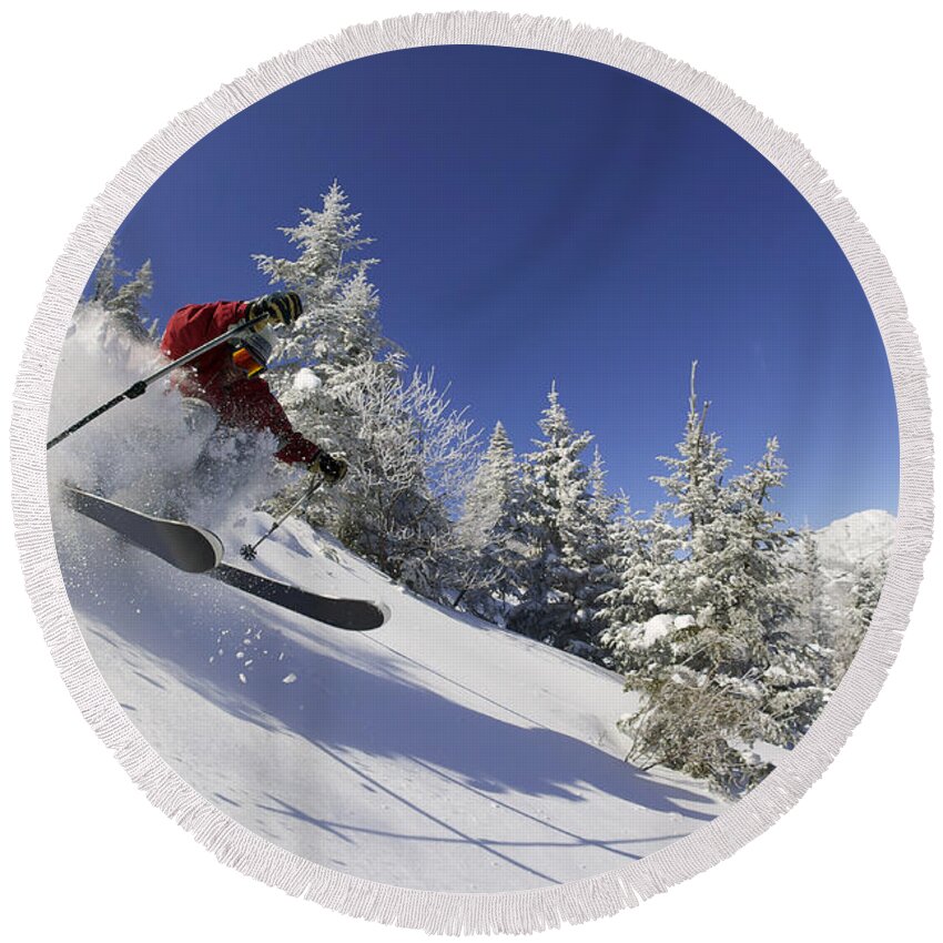 Mt. Mansfield Round Beach Towel featuring the photograph Expert skier on a sunny day in Stowe VT USA by Don Landwehrle