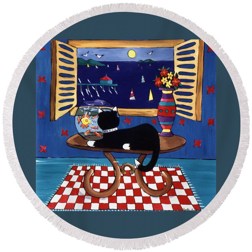 Cat Round Beach Towel featuring the painting Eye On Lunch by Lance Headlee