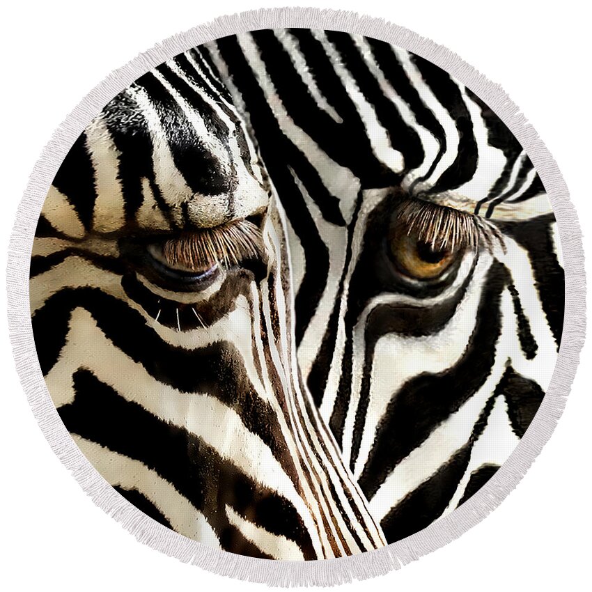 Zebra Round Beach Towel featuring the photograph Eyes And Stripes Squared by Jennie Breeze