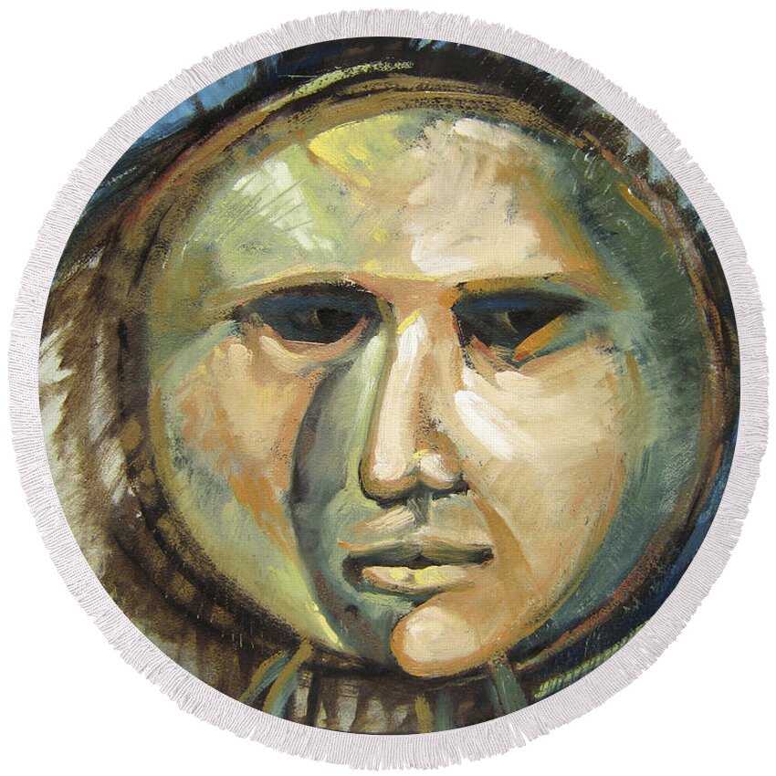 Mask Round Beach Towel featuring the painting Faced With Blue by Randy Wollenmann