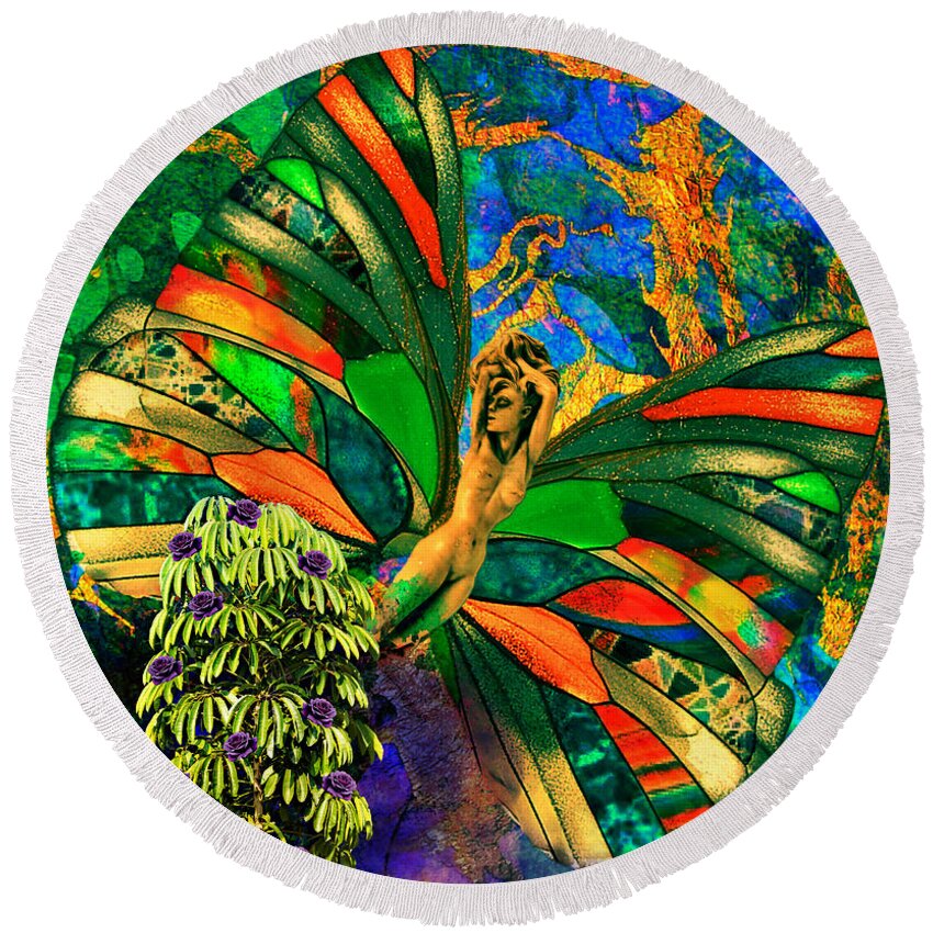 Fairy Round Beach Towel featuring the mixed media Fairy Fortunate by Ally White