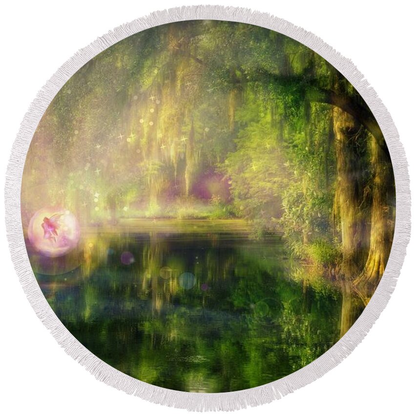 Fairy Round Beach Towel featuring the digital art Fairy in Pink bubble in Serenity Forest by Lilia D