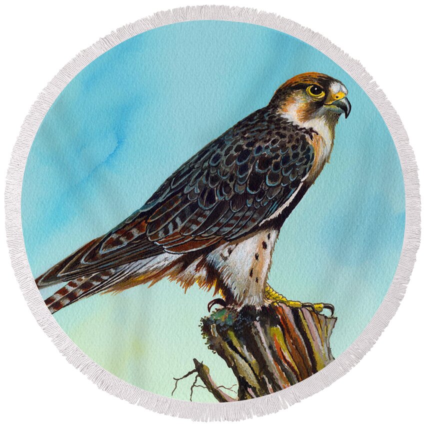 Falcon Round Beach Towel featuring the painting Falcon on stump by Anthony Mwangi