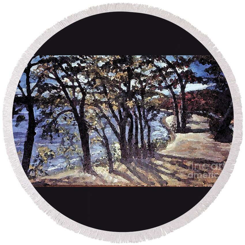 Lake Round Beach Towel featuring the painting Fall Afternoon at Lake Walden by Rita Brown