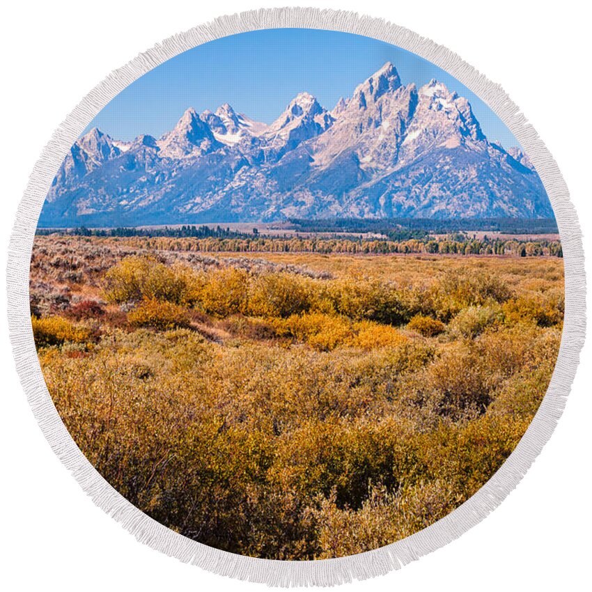 Tetons Round Beach Towel featuring the photograph Fall Colors in the Tetons  by Lars Lentz