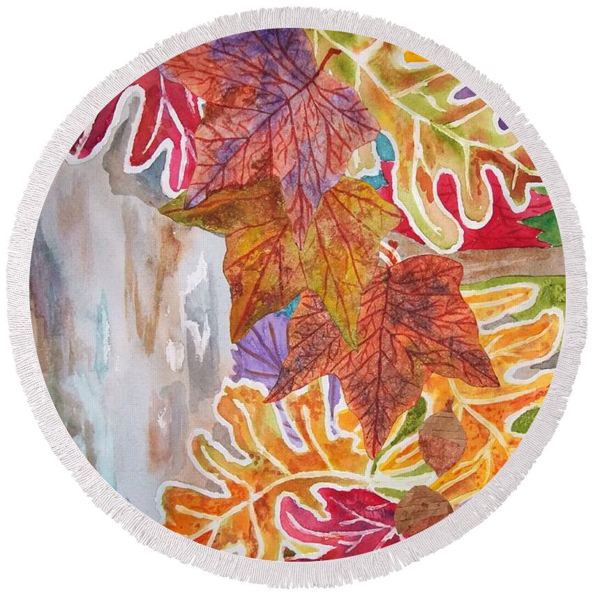 Fall Round Beach Towel featuring the painting Fall Flurry by Ellen Levinson