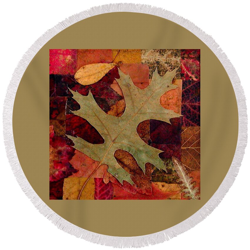 Autumn Round Beach Towel featuring the mixed media Fall Leaf Collage by Anna Ruzsan