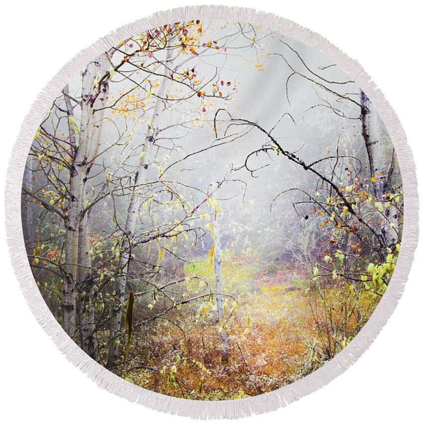 Landscape Round Beach Towel featuring the photograph Fall Mist by Theresa Tahara
