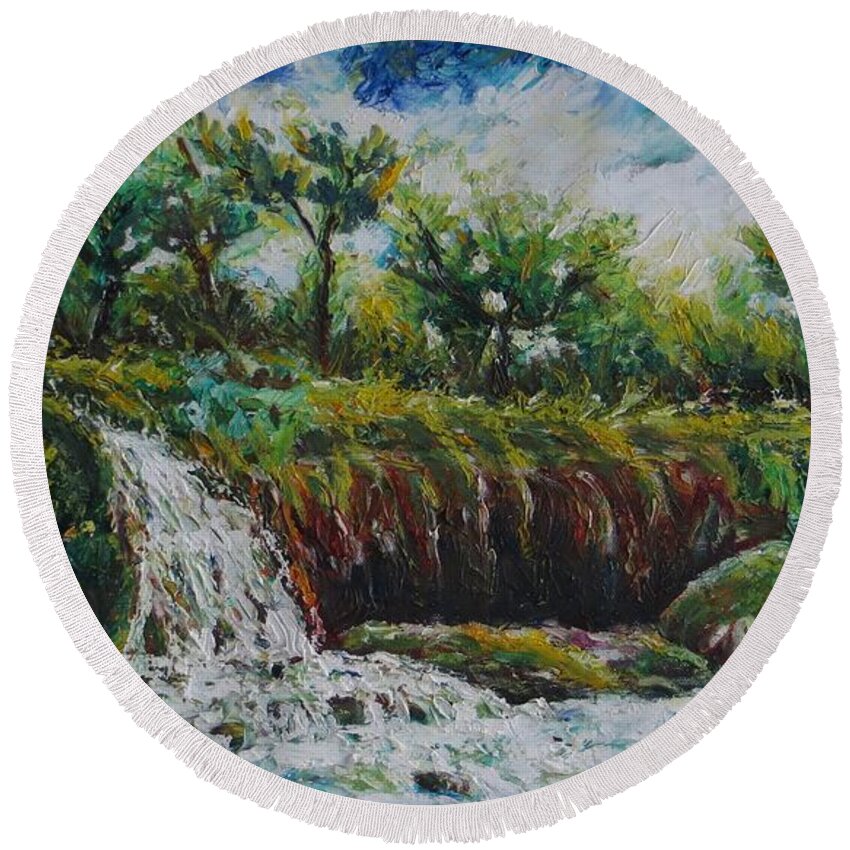 Fall Round Beach Towel featuring the painting Fall of Duden by Kazim C