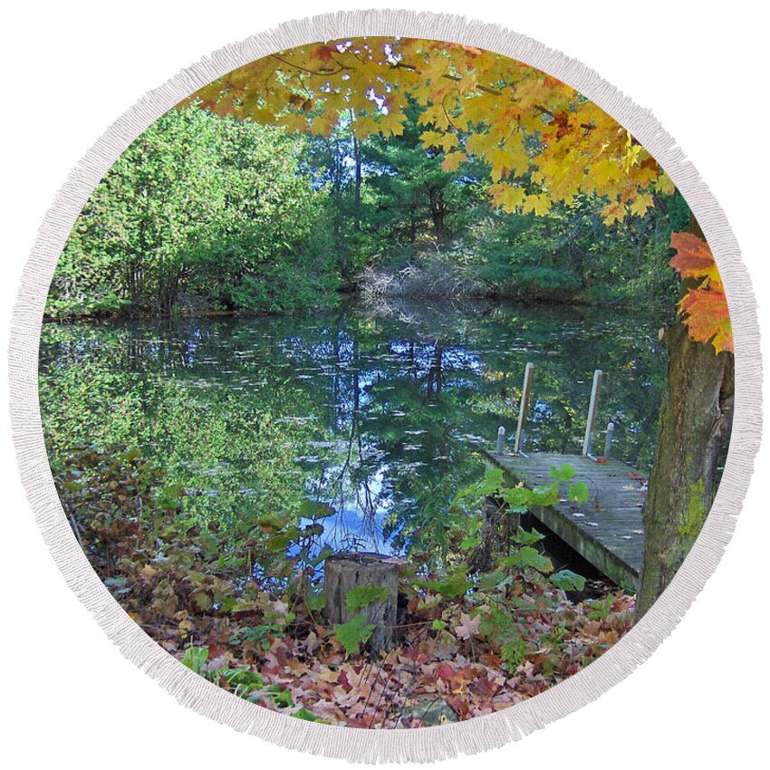Fall Round Beach Towel featuring the photograph Fall Scene by Pond by Brenda Brown