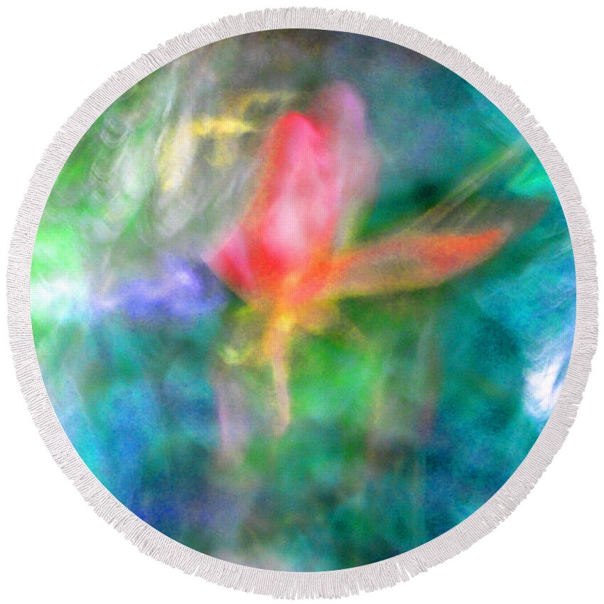 Abstract Round Beach Towel featuring the photograph Falling Petal Abstract Blue Green Pink A by Heather Kirk