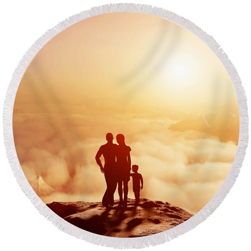 Family Round Beach Towel featuring the photograph Family together on mountain looking on sunset by Michal Bednarek