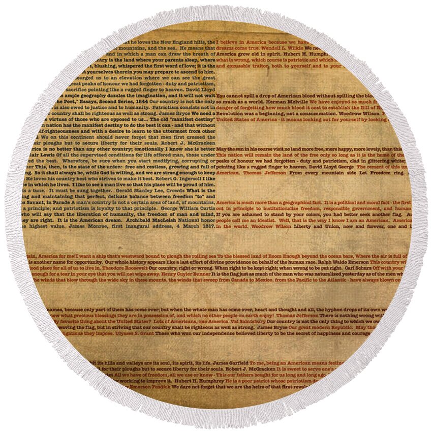 Famous Round Beach Towel featuring the mixed media Famous Patriotic Quotes American Flag Word Art by Design Turnpike