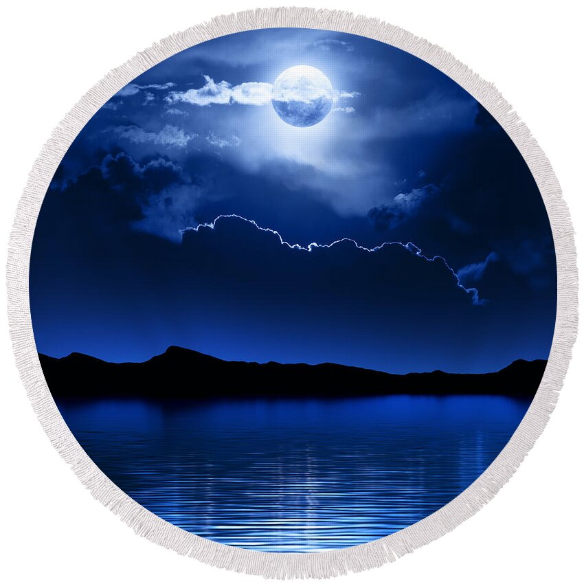 Moon Round Beach Towel featuring the photograph Fantasy Moon and Clouds over water by Johan Swanepoel