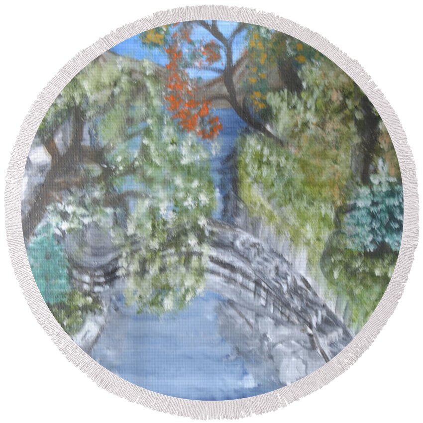 Trees Round Beach Towel featuring the painting Far Off Place by Suzanne Surber