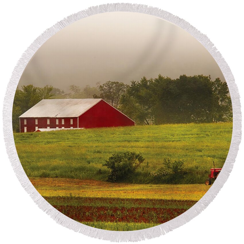 Savad Round Beach Towel featuring the photograph Farm - Farmer - Tilling the fields by Mike Savad