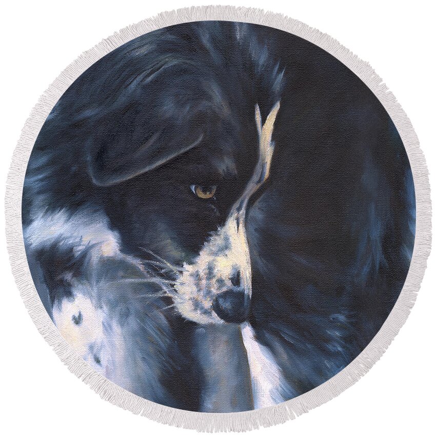 Dog Round Beach Towel featuring the painting Fascinated by Linda Shantz
