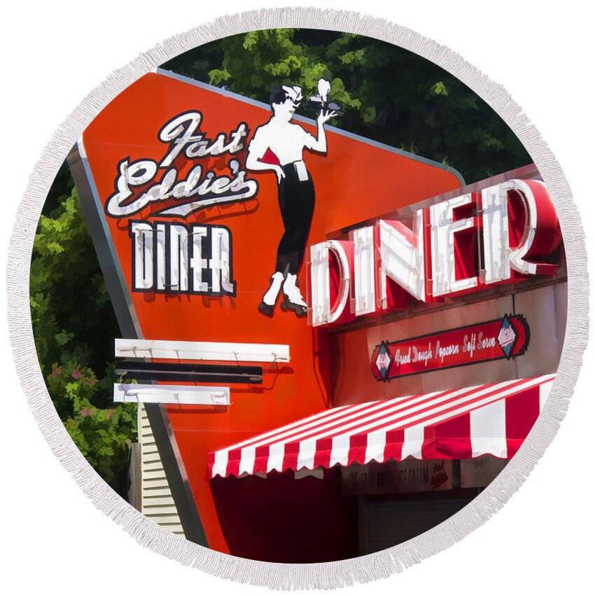 Diner Round Beach Towel featuring the painting Fast Eddies Diner Art Deco Fifties by Edward Fielding