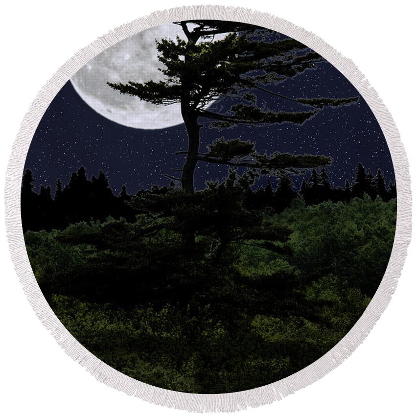 Tree In Silhouette Round Beach Towel featuring the photograph Favorite Tree in Full Moon Silhouette by Marty Saccone