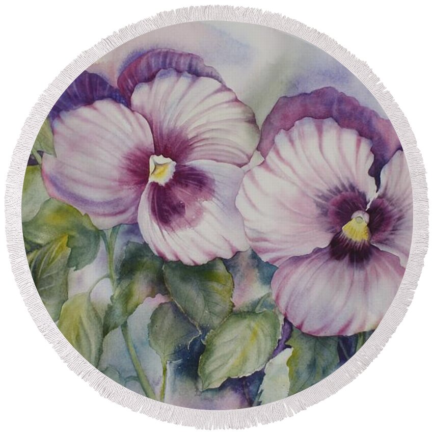 Pansies Round Beach Towel featuring the painting Favourite Garden Pansies by Heather Gallup