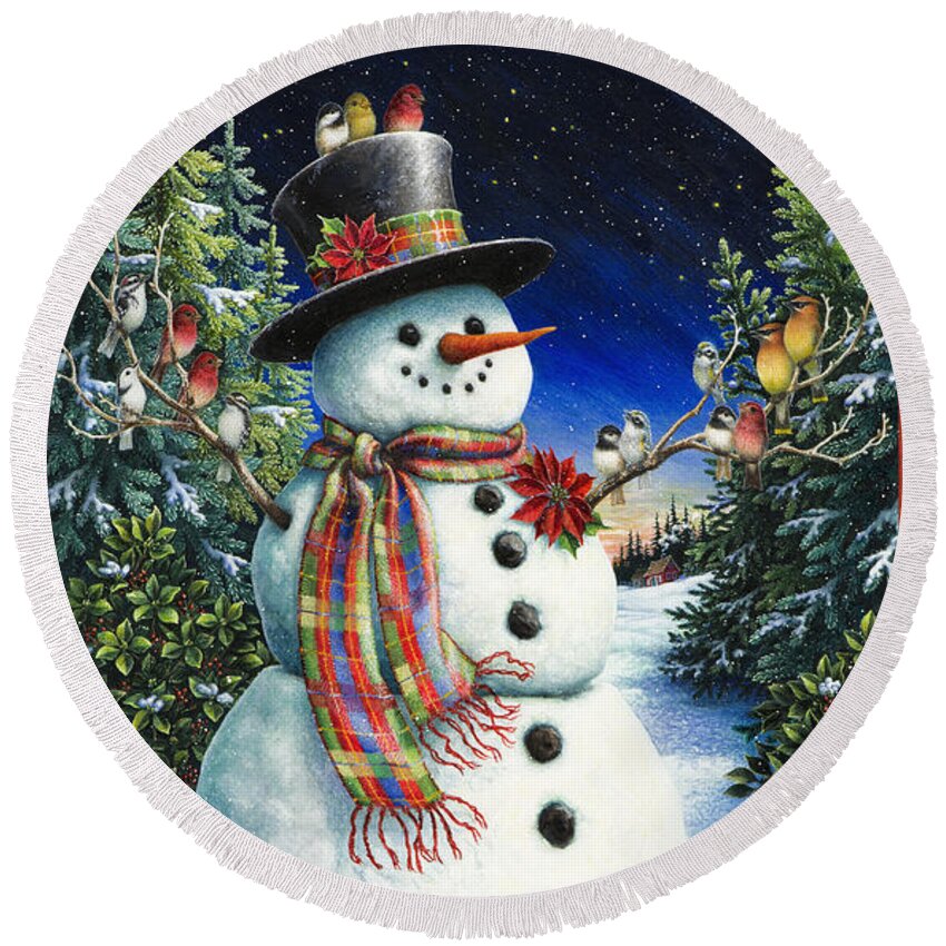 Snowman Round Beach Towel featuring the painting Feathered Friends by Lynn Bywaters