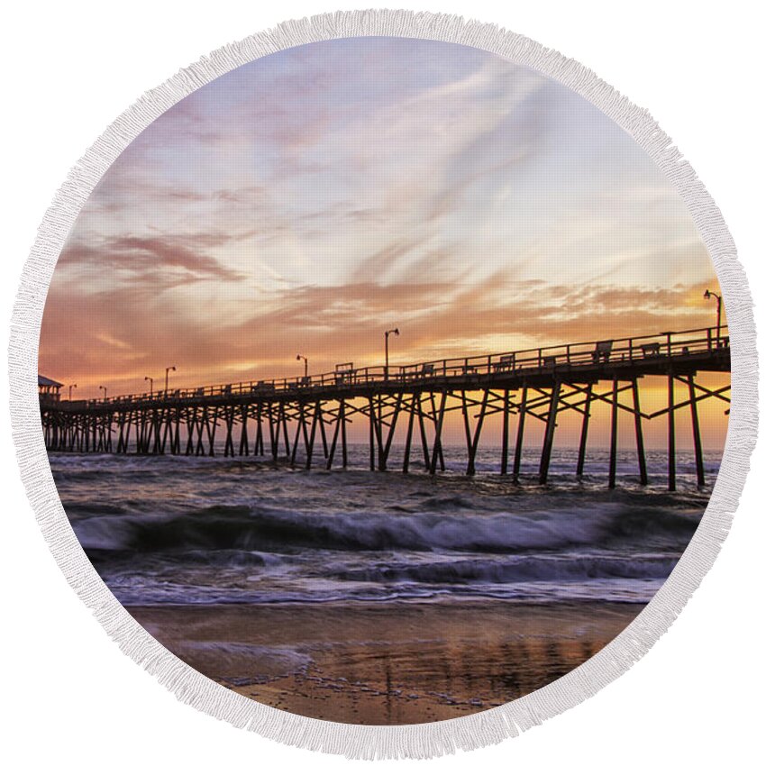 Sunset Round Beach Towel featuring the photograph Febuary Sunset on Atlantic Beach North Carolina by Bob Decker