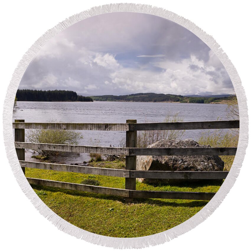 Northumberland Round Beach Towel featuring the photograph Fence at Kielder water by David Head
