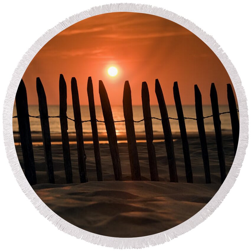 Beach Round Beach Towel featuring the photograph Fence at Sunset by David Lichtneker