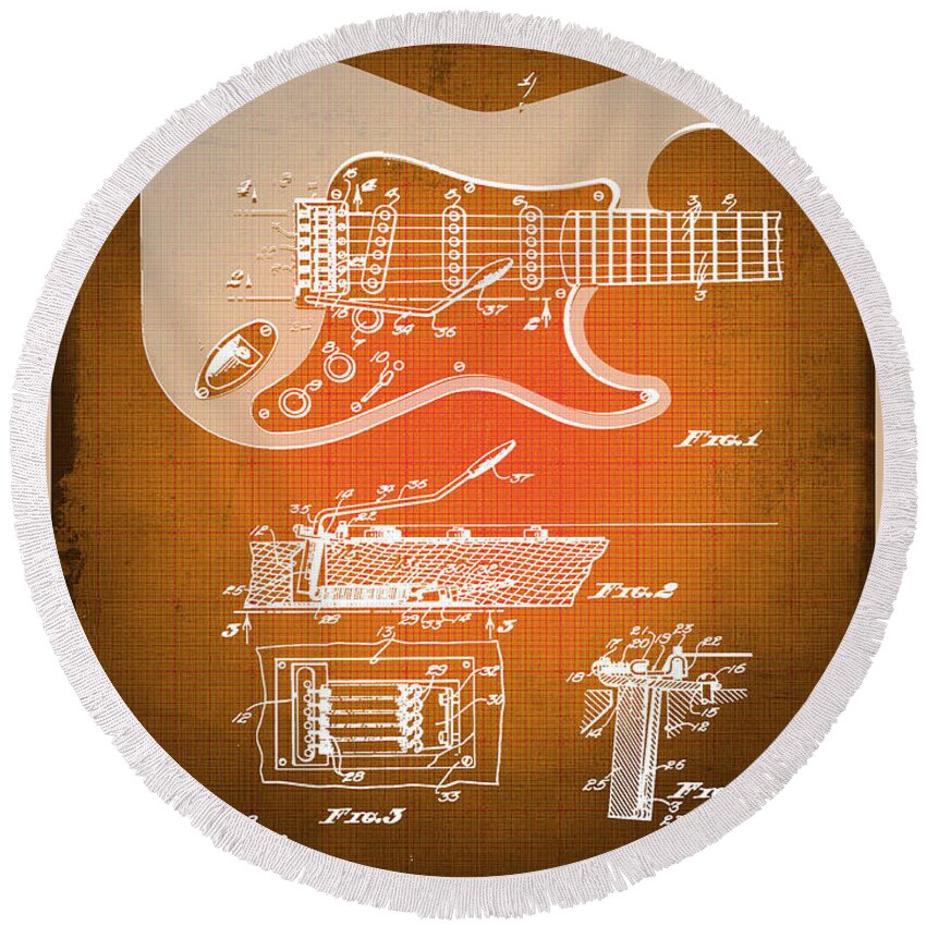 Guitar Round Beach Towel featuring the mixed media Fender Guitar Patent Blueprint Drawing Sepia by Tony Rubino