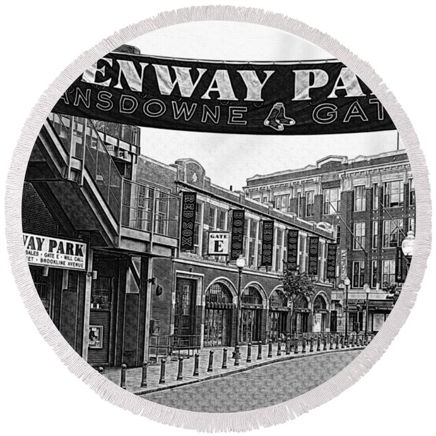Boston Round Beach Towel featuring the photograph Fenway Park Banner Black and White by Toby McGuire