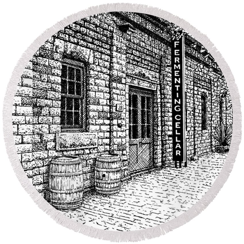 Distillery Round Beach Towel featuring the drawing Fermenting Cellar by Peter Rashford