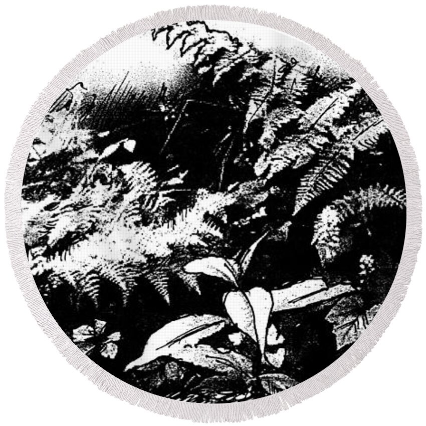 Landscape Round Beach Towel featuring the drawing Ferns by Art MacKay