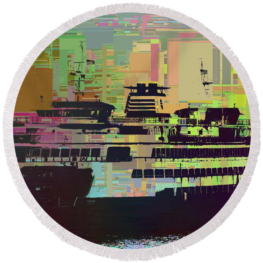 Abstract Round Beach Towel featuring the digital art Ferry Cubed 2 by Tim Allen