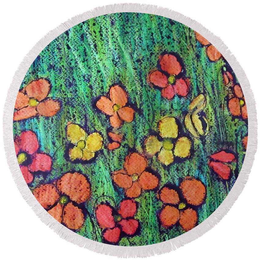 Floral Round Beach Towel featuring the painting Field of flowers by Elvira Ingram