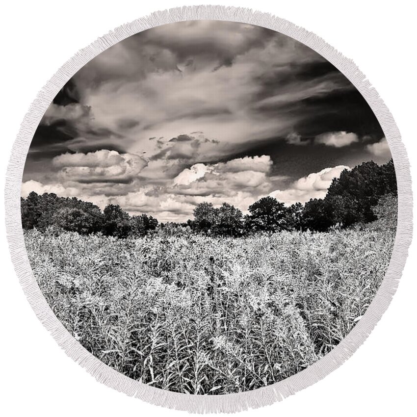 Black And White Round Beach Towel featuring the photograph Fields of Gold and Clouds by Mitchell R Grosky