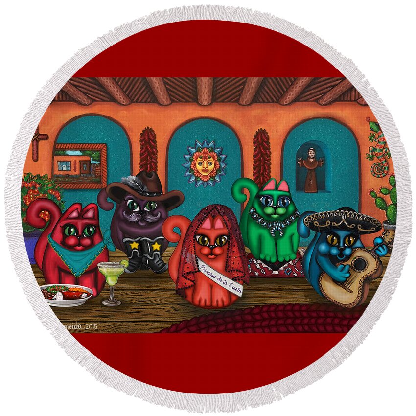 Folk Art Round Beach Towel featuring the painting Fiesta Cats II by Victoria De Almeida